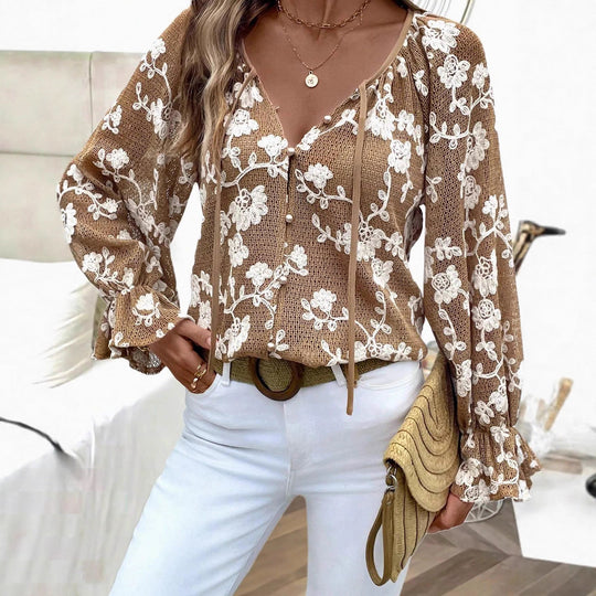 Damen V‑Neck Bluse mit floraler Stickerei, Perlenknopfleiste und Ballonärmeln Shop Nory