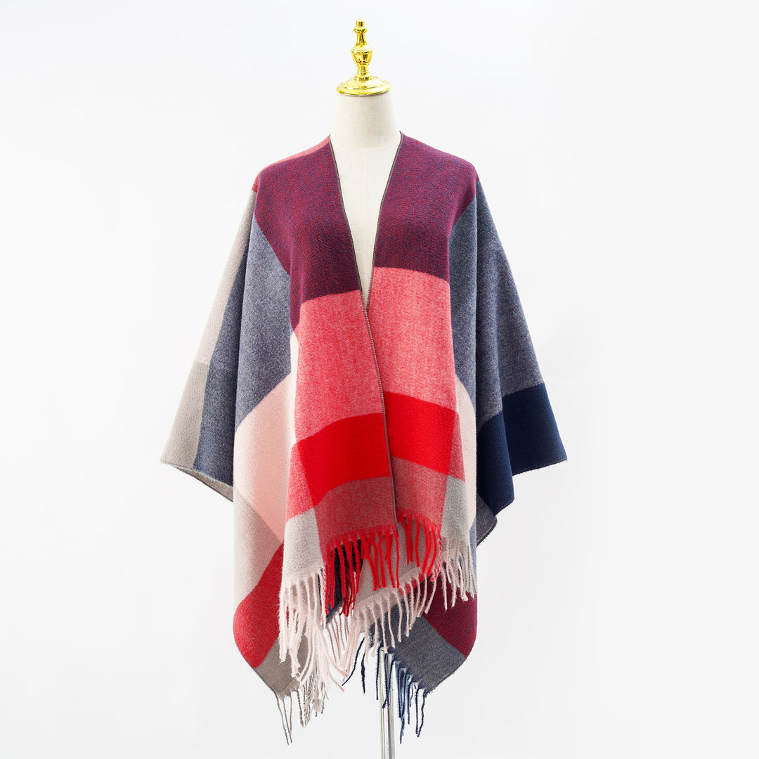 Damen Weiches Oversize-Cape aus Wollmischung mit großem Blockmuster und Fransensaum Shop Nory