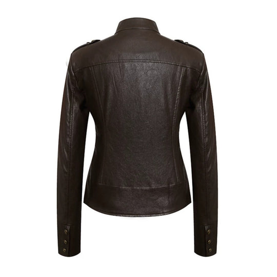 Damen figurbetonte Lederjacke im Military‑Stil mit Stehkragen und Zierknopf‑Blende Shop Nory
