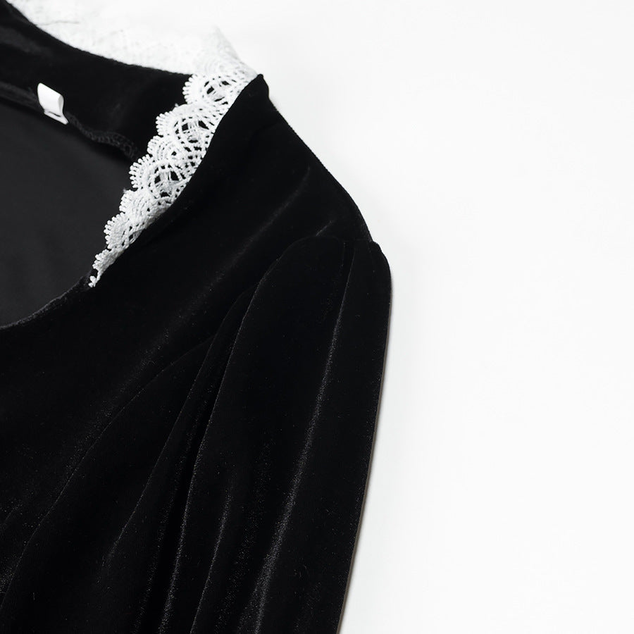 Damen Maxikleid aus Samt mit quadratischem Ausschnitt, Puffärmeln und Spitzenbesatz Shop Nory