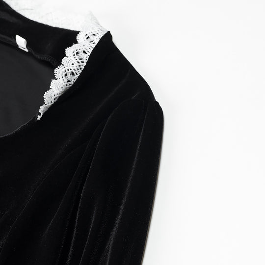 Damen Maxikleid aus Samt mit quadratischem Ausschnitt, Puffärmeln und Spitzenbesatz Shop Nory