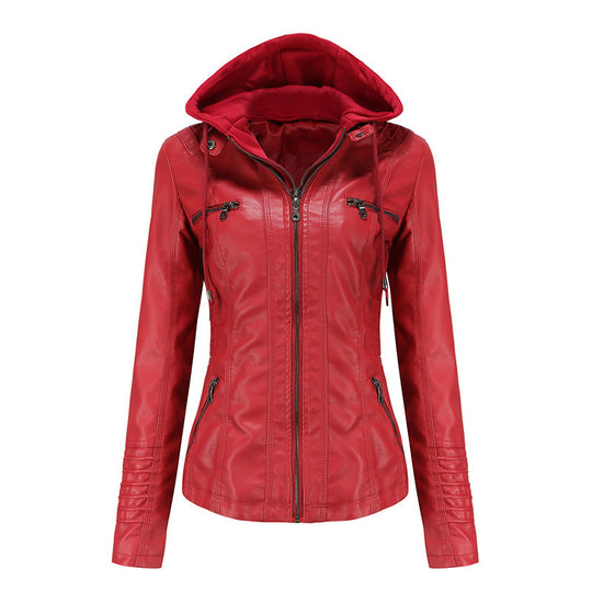 Damen Taillierte Kunstlederjacke mit abnehmbarer Kapuze und Reißverschluss Shop Nory