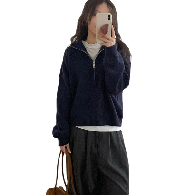 Damen lässiger Pullover mit kurzem Reißverschluss und entspannter Passform Shopnory