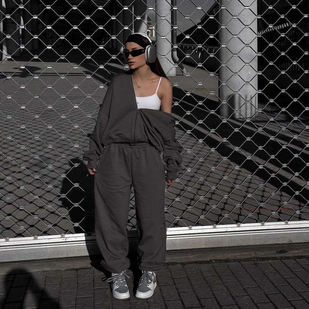 Damen Loose-Fit Freizeit-Set mit Zip-Kapuze und weitem Palazzo-Jogger Shop Nory