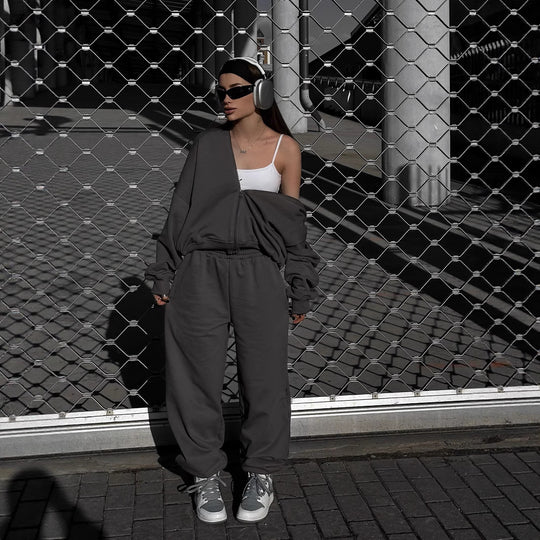Damen Loose-Fit Freizeit-Set mit Zip-Kapuze und weitem Palazzo-Jogger Shop Nory