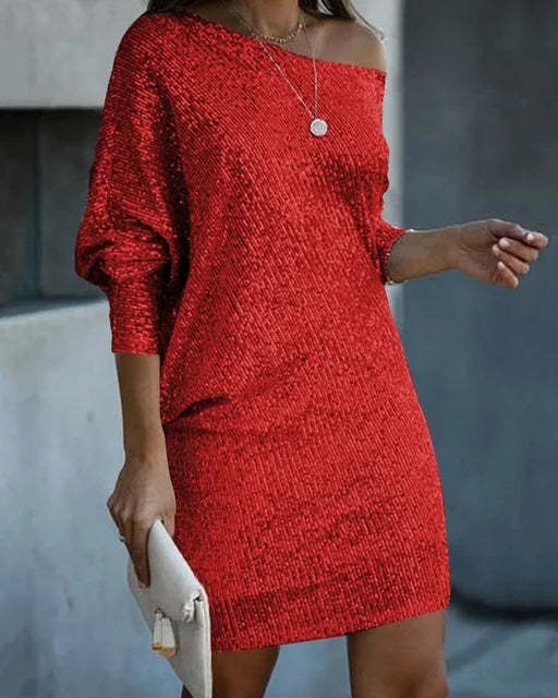 Damen Schulterfreies Strick-Minikleid mit Fledermausärmeln Shop Nory