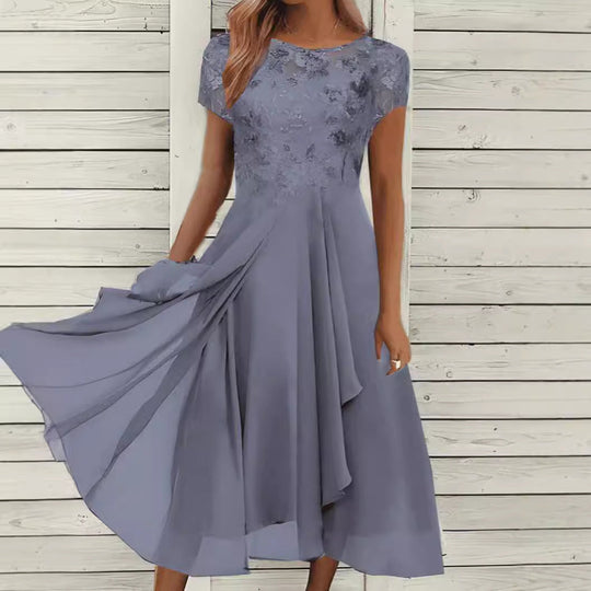 Damen nan elegantes Chiffon-Midikleid mit floraler Spitzenapplikation und fließendem Tellerrock