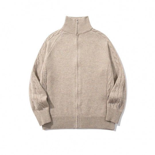 Unisex Boxy-Zip-Strickjacke mit Stehkragen, Zopfmusterärmeln und gerippten Abschlüssen Shop Nory