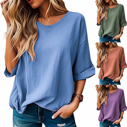 Damen Lockeres Crinkle-Shirt mit U-Boot-Ausschnitt und krempelbaren Dreiviertelärmeln Shop Nory