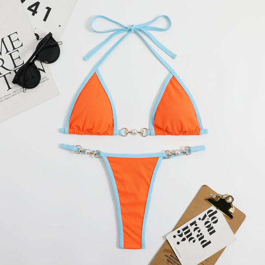Damen Triangel-Bikini mit modischem Rippdesign und dekorativen Elementen