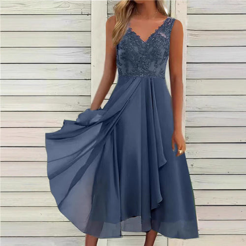 Damen nan elegantes Abend-Midikleid mit bestickter Spitzen-Büste, taillierter Drapierung und fließendem Lagenrock