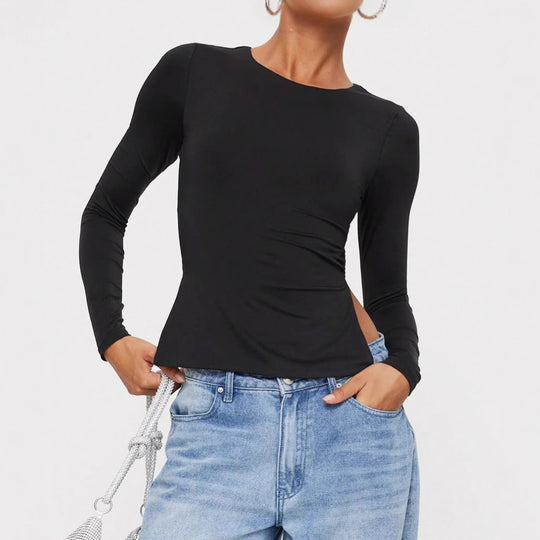 Damen kurzes Wickel-Crop-Top mit Rückenschnürung und langen Ärmeln Shop Nory