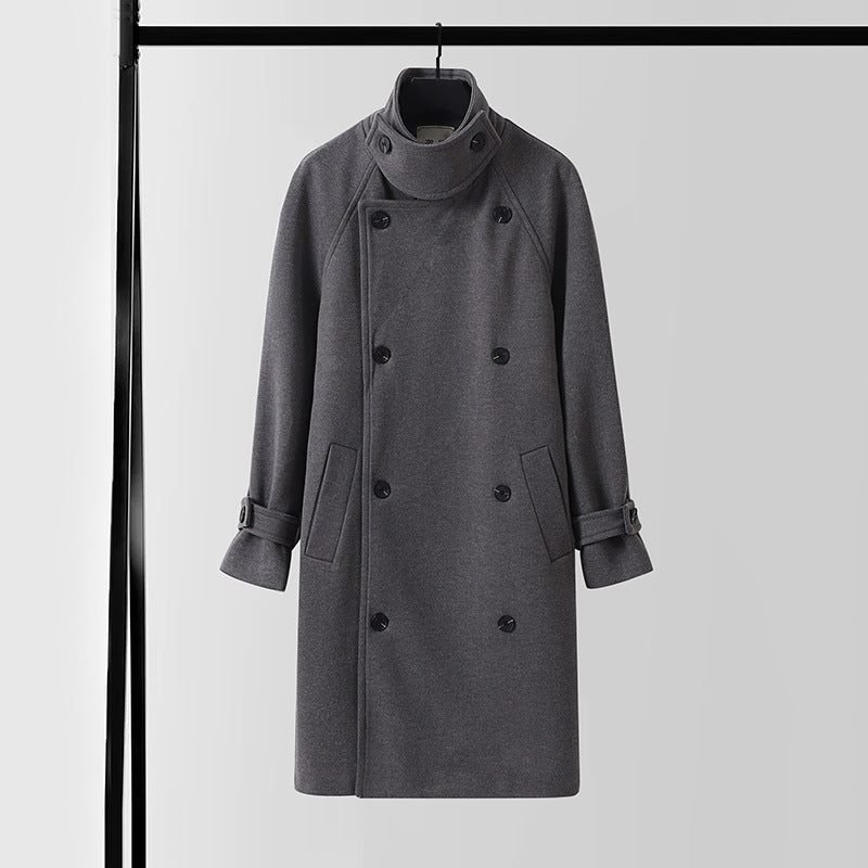 Herren Dramatisch geschnittener Doppelreihiger Wollmix-Longcoat mit Kragenlaschen und Bindegürtel Shop Nory