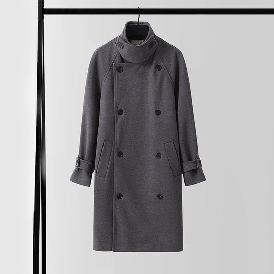 Herren Dramatisch geschnittener Doppelreihiger Wollmix-Longcoat mit Kragenlaschen und Bindegürtel Shop Nory