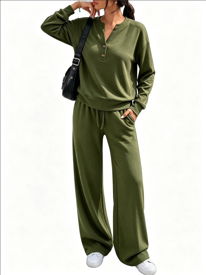 Damen Lounge-Set mit Henley-Kragen und palazzoweiter Jogginghose Shop Nory