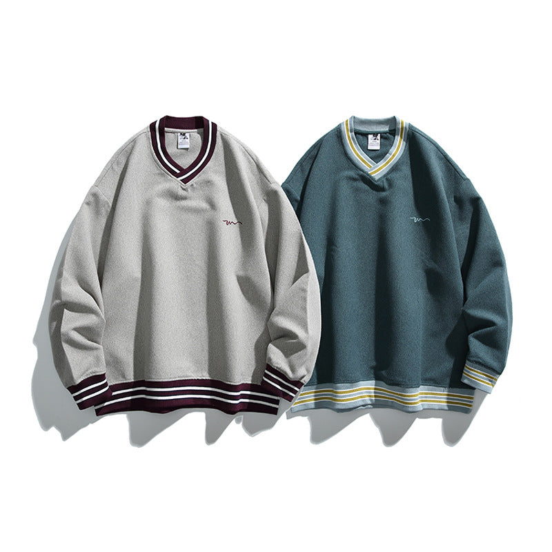 Herren Oversized V-Ausschnitt Sweatshirt mit Kontraststreifen an Bündchen und Saum Shop Nory