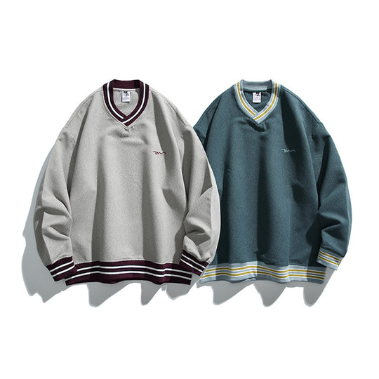 Herren Oversized V-Ausschnitt Sweatshirt mit Kontraststreifen an Bündchen und Saum Shop Nory
