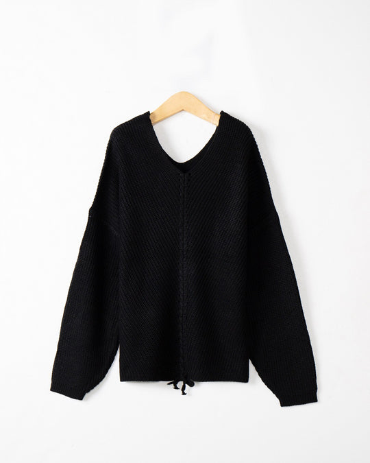 Damen Strickpullover mit Zopfmittelnaht, V‑Ausschnitt und Kordelzug Shop Nory