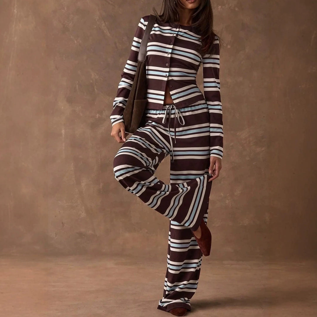 Damen Gestreiftes Strick-Lounge-Set mit tailliertem Knopfcardigan und weitem Palazzohose Shop Nory