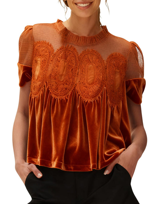 Damen Samtbluse mit Spitzenbesatz, transparentem Einsatz und geraffter A-Linie Shop Nory