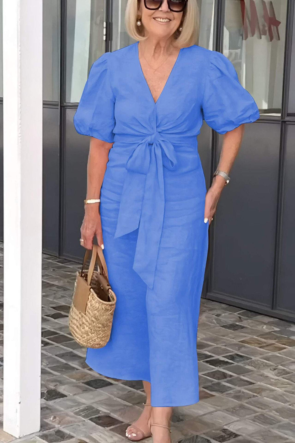 Damen Maxikleid mit eleganten Puffärmeln und Taillenknoten