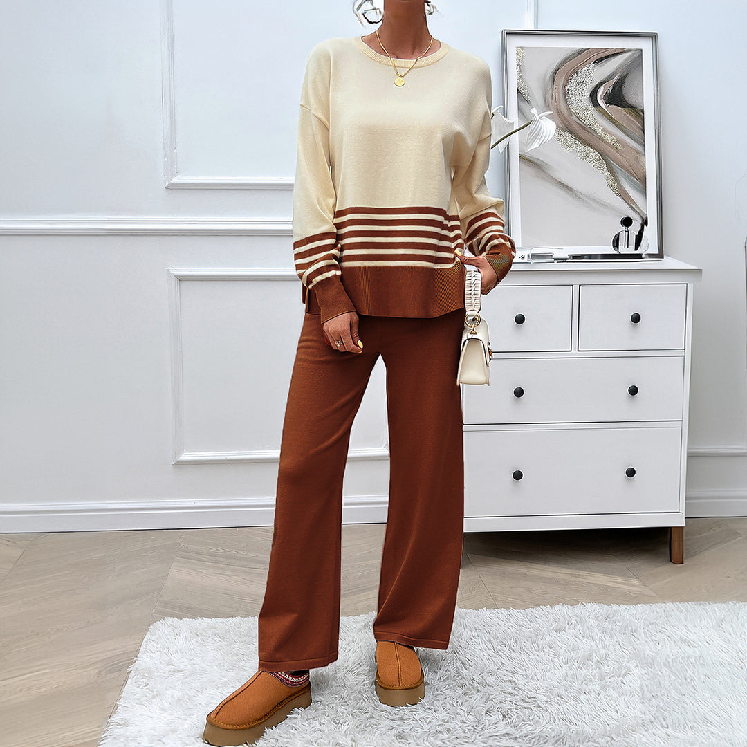 Damen nan lässiges Strick-Lounge-Set mit gestreiftem Rundhals-Pullover, Raglanärmeln und weiten taillenhohen Hosen Shop Nory