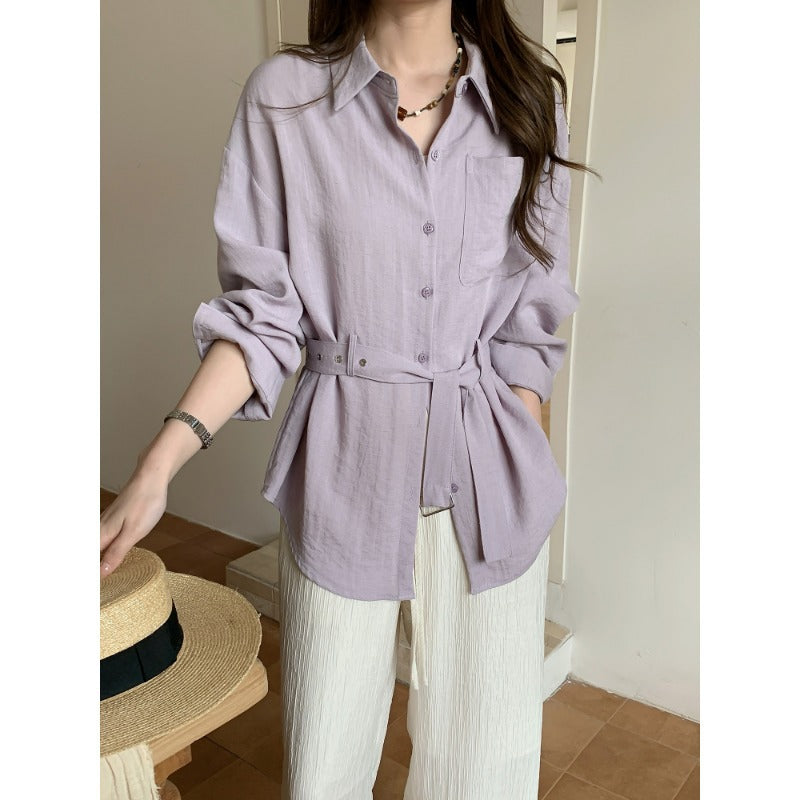Damen Weit geschnittene Leinen‑Hemdbluse mit Taillengürtel und Brusttasche Shop Nory