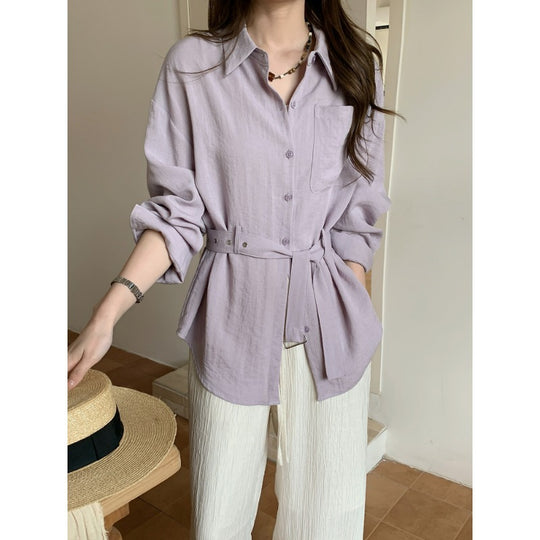 Damen Weit geschnittene Leinen‑Hemdbluse mit Taillengürtel und Brusttasche Shop Nory