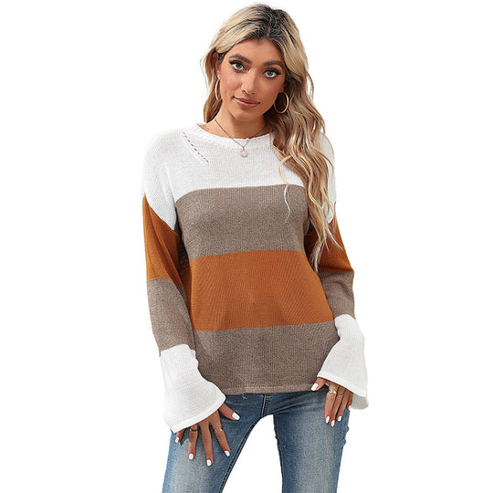 Damen Oversize Farbblock Strickpullover mit Rundhalsausschnitt und langen Ärmeln Shop Nory