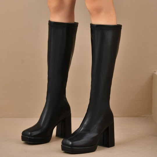 Damen Plateau-Kniestiefel mit klobigem Blockabsatz und Stretchschaft Shop Nory