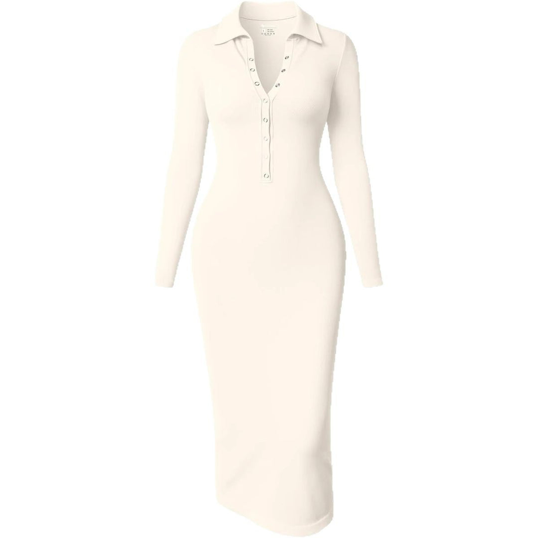 Damen Figurbetontes Midikleid mit Polokragen und Druckknopfleiste Shop Nory