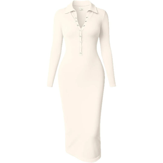 Damen Figurbetontes Midikleid mit Polokragen und Druckknopfleiste Shop Nory