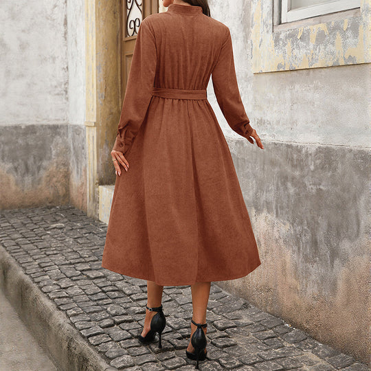 Damen Midikleid A‑Linie mit V‑Ausschnitt, Knopfleiste, dreiviertelärmeln und Taillenband Shop Nory