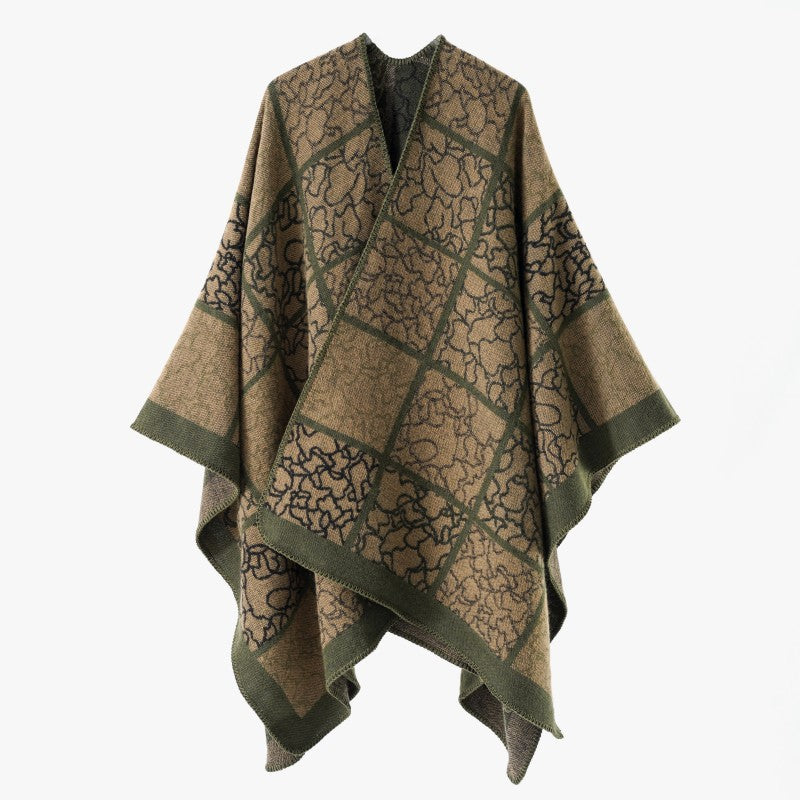Damen Cape‑Überwurf aus Wollmix mit grafischem Karo‑Jacquard und offener Kimono‑Silhouette Shop Nory