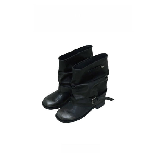 Damen Biker-Stiefel mit lässig geschlagenem Schaft, Schnallenriemen und niedrigem Blockabsatz Shop Nory