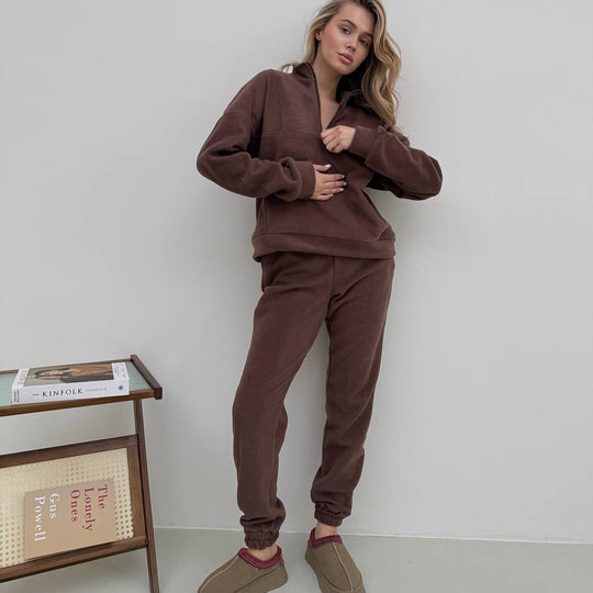 Damen gemütlicher Fleece-Zweiteiler mit halbem Reißverschluss, cropped Pullover und hochtaillierter Jogginghose mit elastischem Bund Shop Nory
