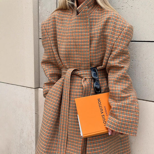 Damen Oversize Wollmantel mit Hahnentritt-Muster und Taillengürtel Shop Nory