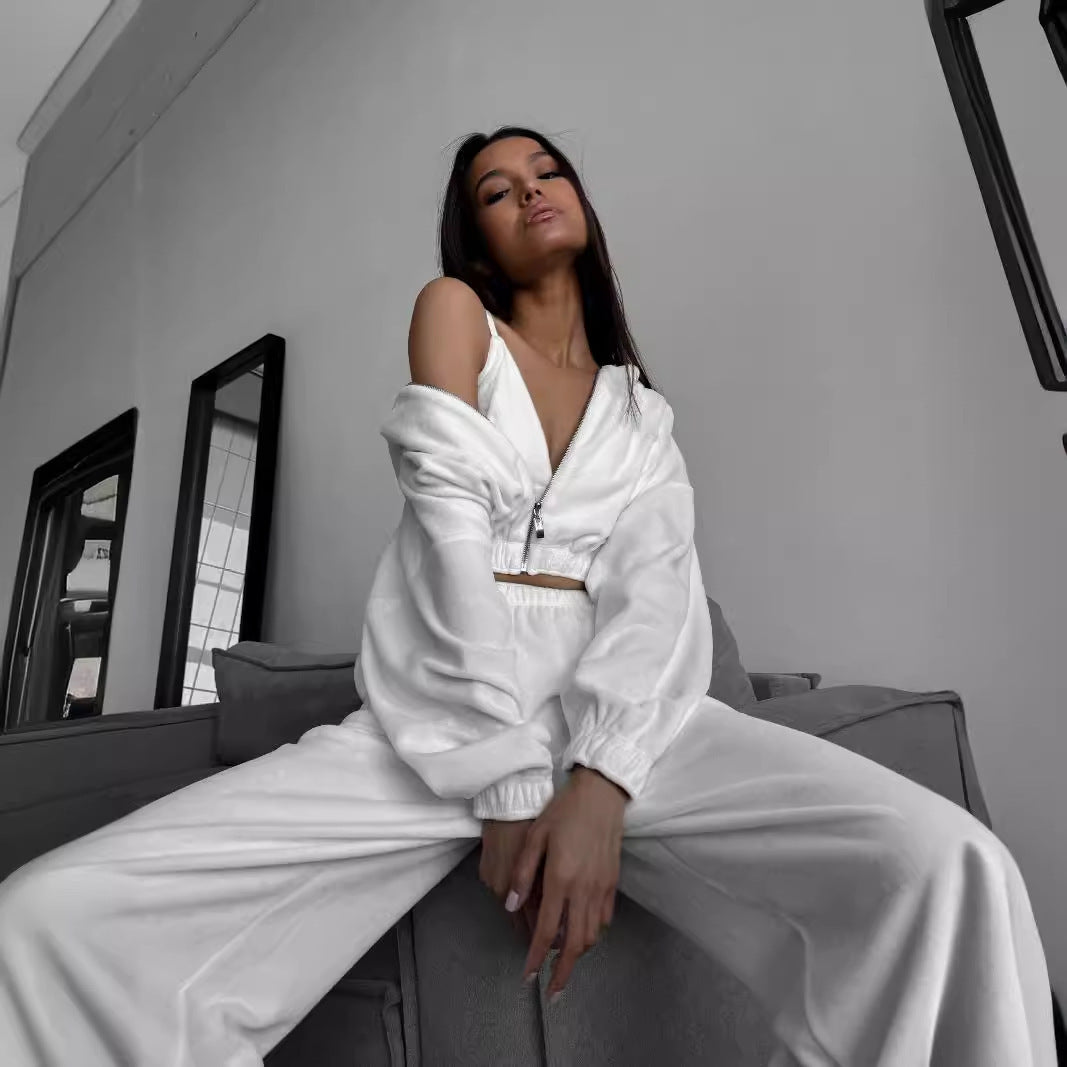 Damen Velours-Lounge-Set mit kurzem Reißverschluss-Hoodie, elastischer High-Waist-Jogginghose und Bustier Shop Nory