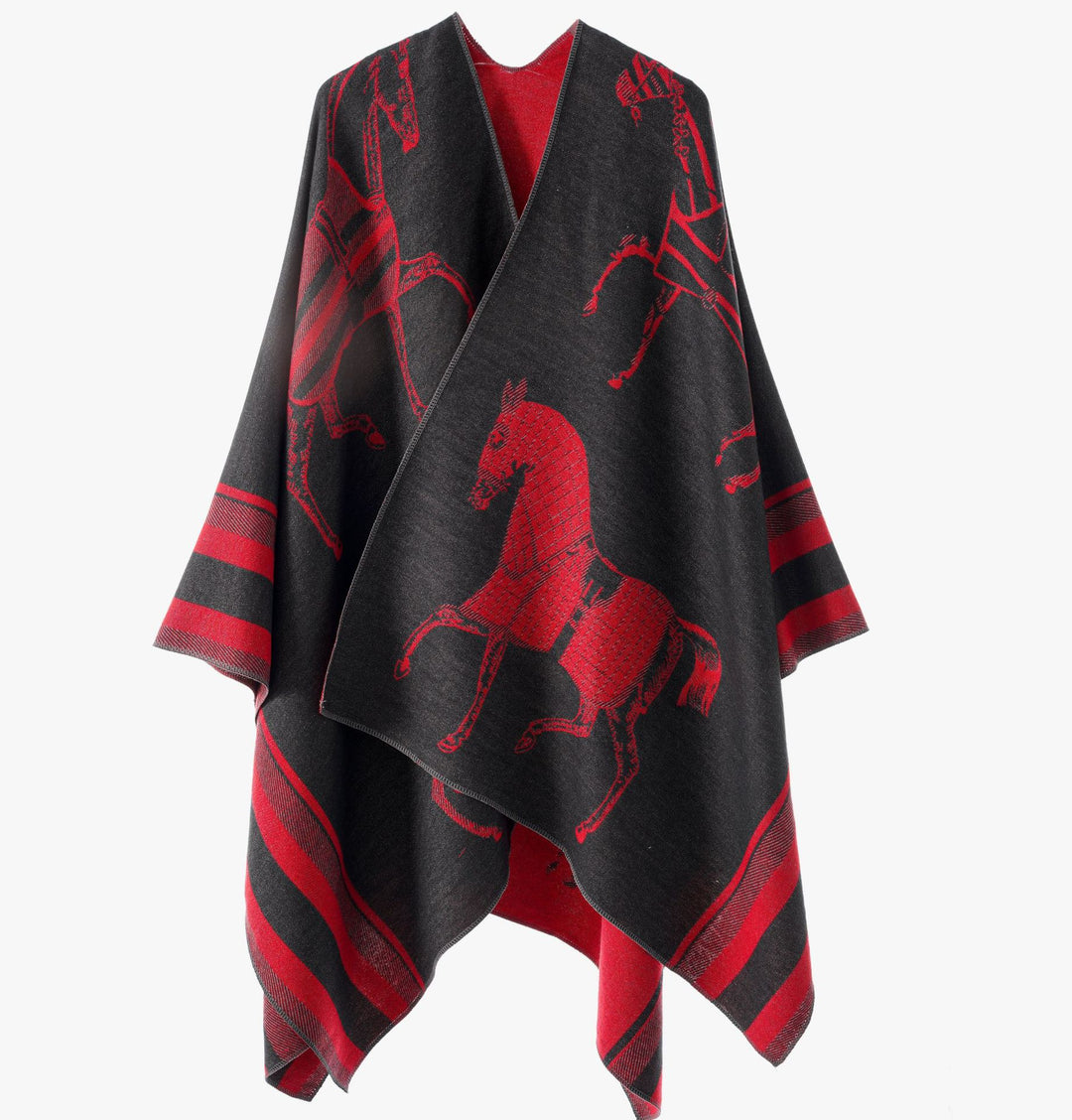 Damen Jacquard-Poncho-Überwurf mit Pferde-Motiv und kastiger Kimono-Silhouette Shop Nory