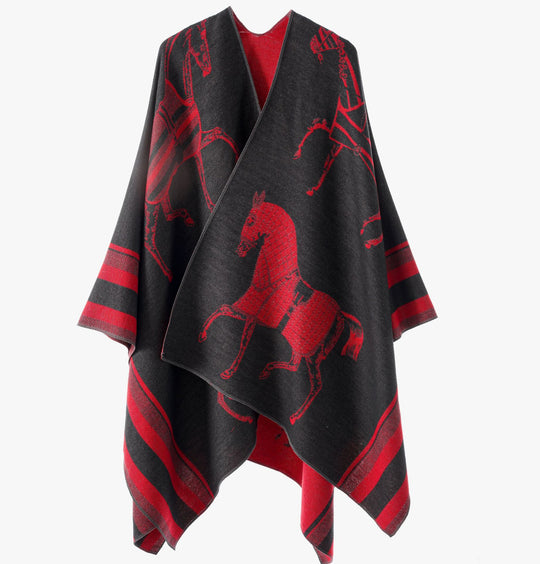 Damen Jacquard-Poncho-Überwurf mit Pferde-Motiv und kastiger Kimono-Silhouette Shop Nory