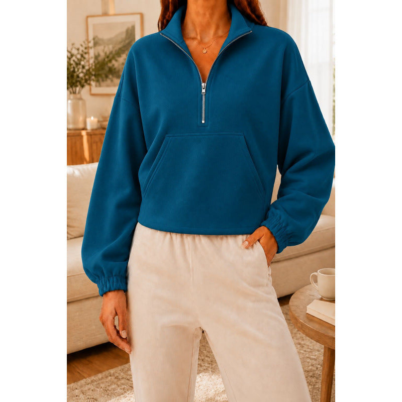 Damen Kurz geschnittener Sweatshirt-Pullover mit halbem Reißverschluss und Kängurutasche Shop Nory