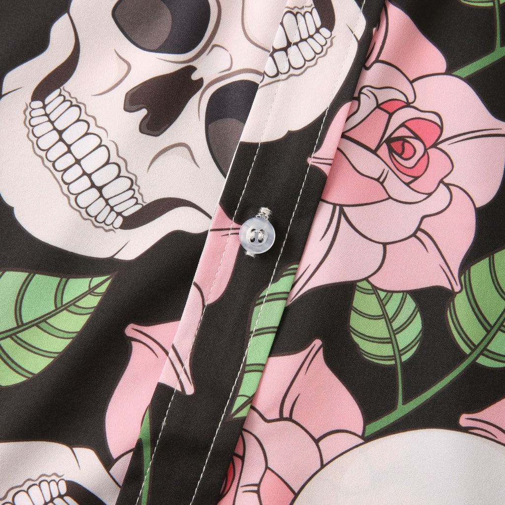 Herren Kurzarmhemd mit kreativem Totenkopf- und Blumenmuster 1757487585