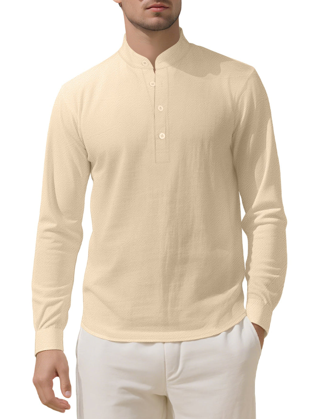 Herren nan Nehru-Kragen-Henley aus Baumwollstretch mit verdeckter Knopfleiste und schmaler Passform