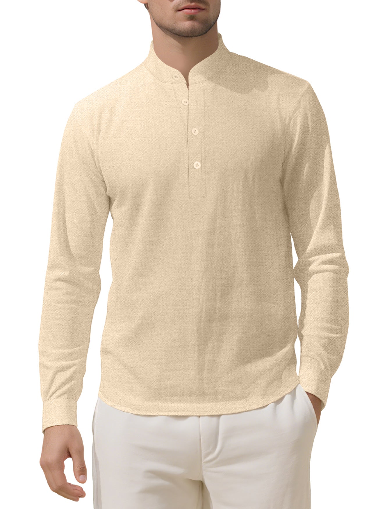 Herren nan Nehru-Kragen-Henley aus Baumwollstretch mit verdeckter Knopfleiste und schmaler Passform