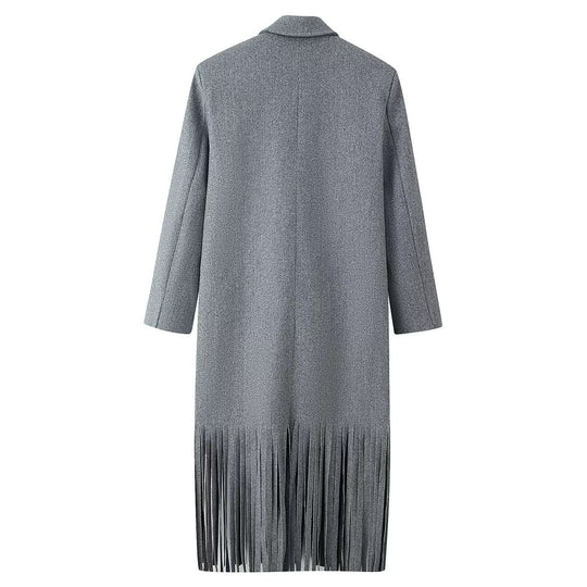 Damen Doppelreihiger Wollmix-Mantel mit Fransensaum und fallendem Revers Shop Nory