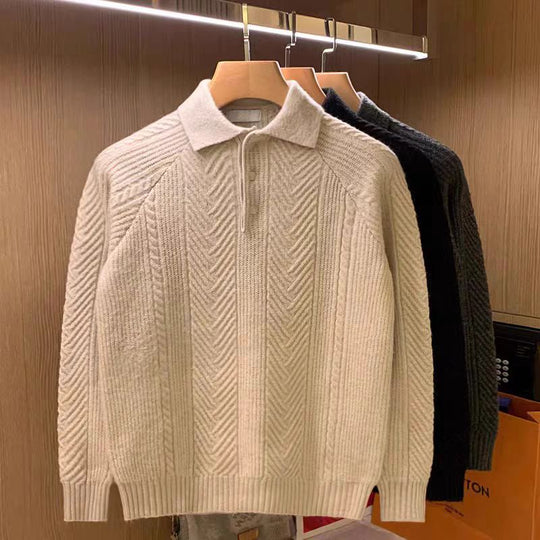 Herren Feinstrick-Polopullover mit halber Knopfleiste und Zopfmuster Shop Nory