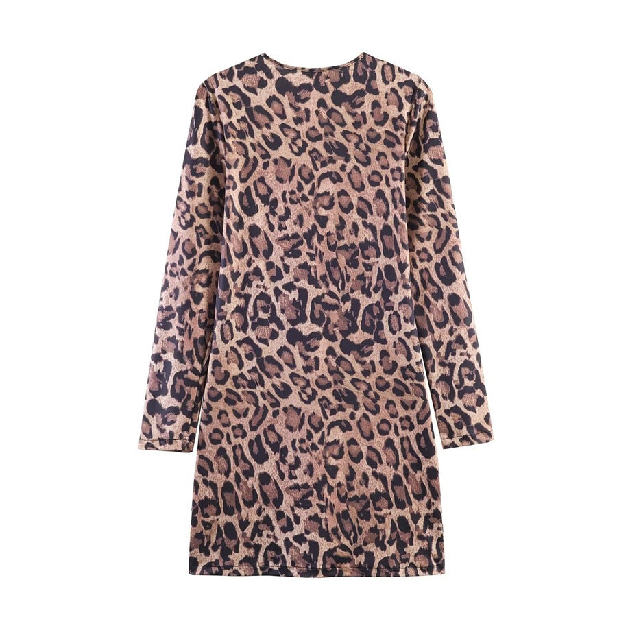 Damen Leoprint-Minikleid mit Rundhalsausschnitt, langen Ärmeln und A-Linien‑Silhouette Shop Nory
