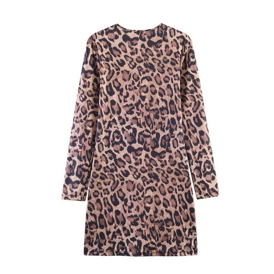 Damen Leoprint-Minikleid mit Rundhalsausschnitt, langen Ärmeln und A-Linien‑Silhouette Shop Nory