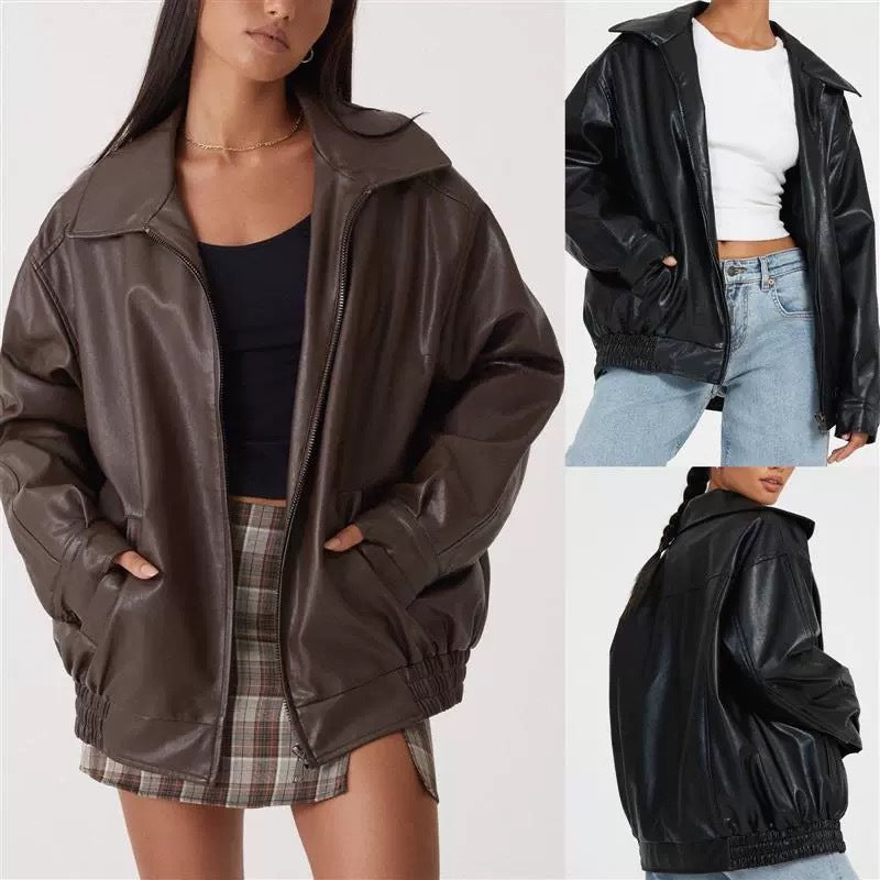Damen Oversize Kunstleder Blouson mit Reißverschluss und elastischem Saum Shop Nory