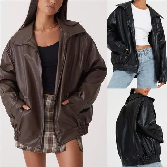 Damen Oversize Kunstleder Blouson mit Reißverschluss und elastischem Saum Shop Nory